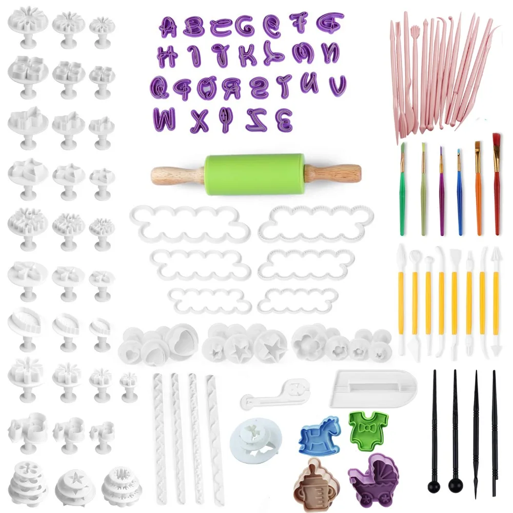 

130Pcs Cake Decorating Tools Kit Sugarcraft Fondant Cutter Rolling Pin Smoother Embosser Mold Engraving Pen for Baking Tools Set