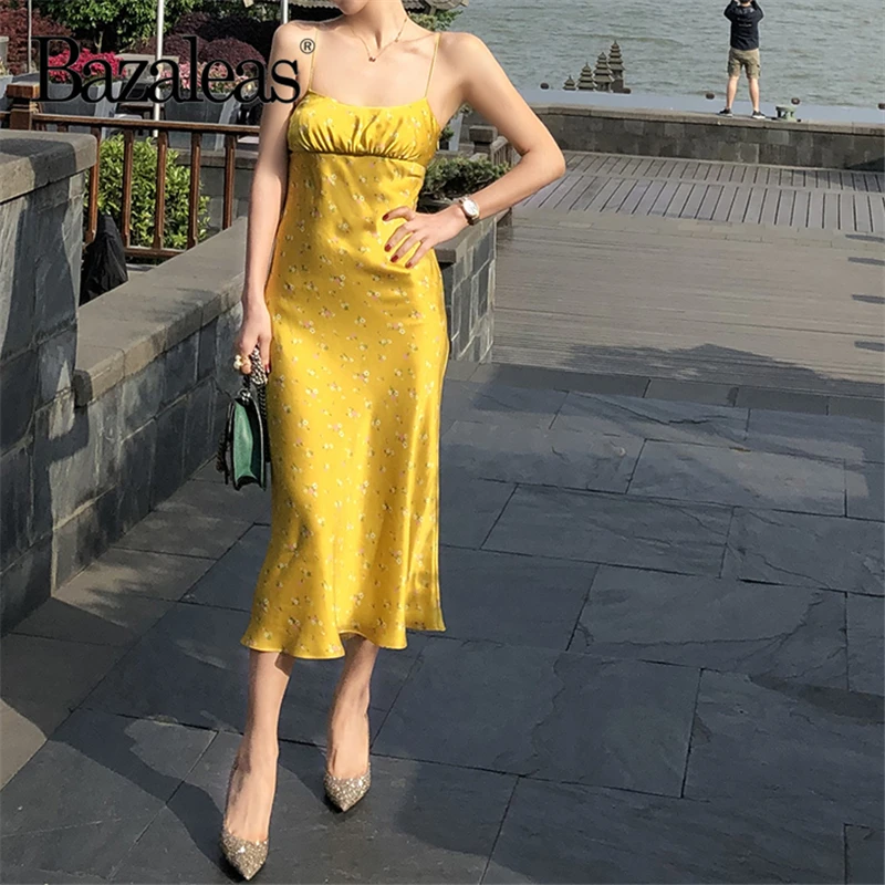 

Bazaleas Like silk Vintage Spaghetti straps Midi Dress Slim Yellow Floral Print Satin vestidos Fashion summer Dress drop ship