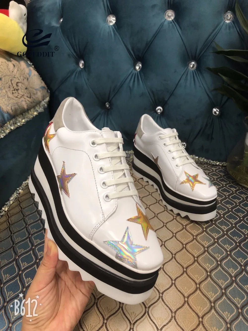 

GOZEDDIT Stitching Star Striped Saw-edge Rubber Sole Women Brogue Shoes 8cm Heels Creepers