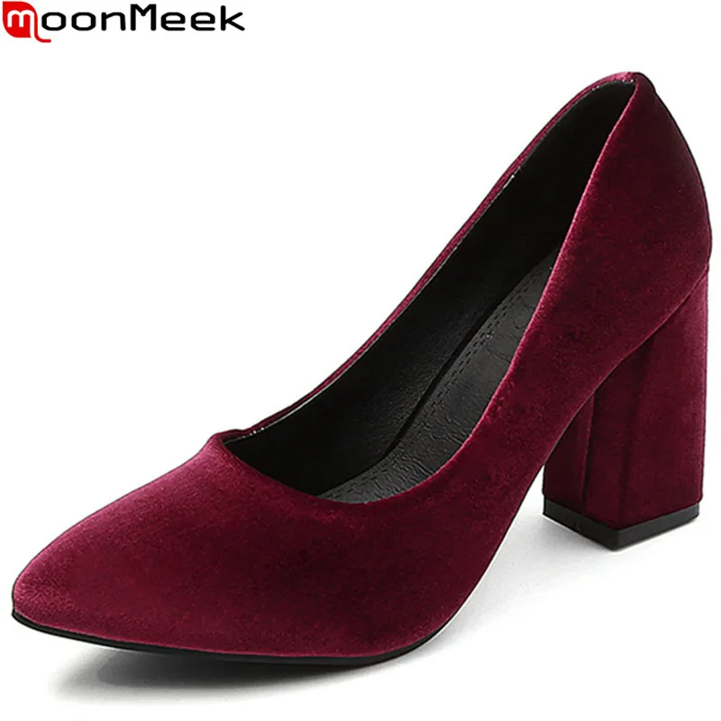 

MoonMeeK big size 33-43 fashion spring autumn new square heel shoes woman shallow pumps shoes women flock high heels shoes