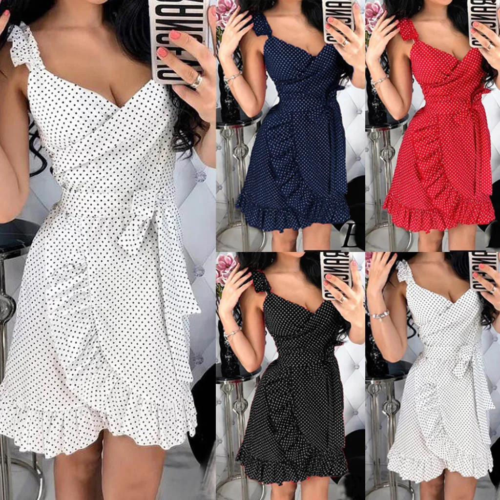 

Women fashion Summer Dresses Women Casual Summer Dot Printed Sleeveless Beach Party Dress Sundress