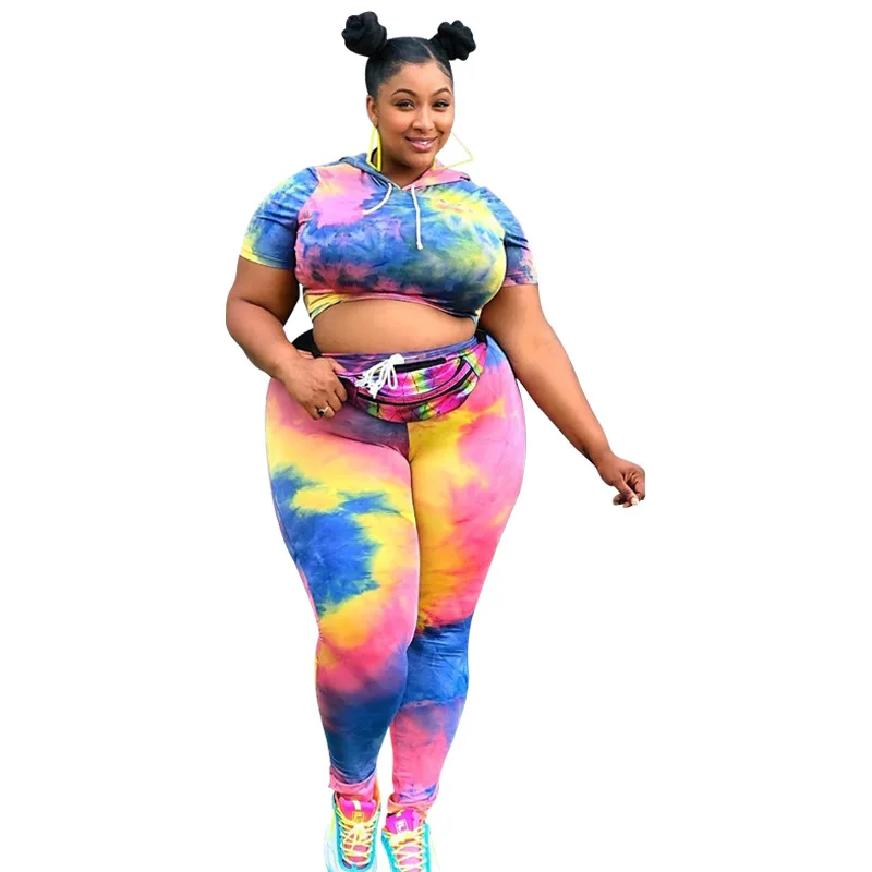 

Large size Two Pieces Matching Set Sexy Rainbow Printed 2 Pieces Set Women Clothes 2019 Short sleeve Hooded Tops + Pants