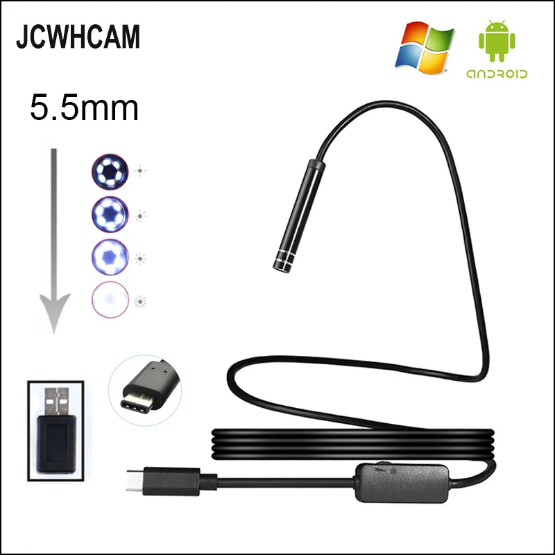JCWHCAM 5.5mm 1M 6LED USB TYPE-C Endoscope Inspection Camera HD for S8 LG G5/G6/V20 Pixel P9/P10 Oneplus 2/3/3T Android