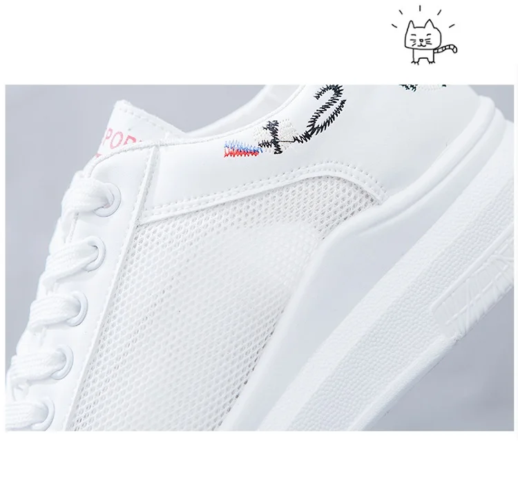 Embroidery Increase Women's Walking Shoes Mesh Breathable White Solid Color Lace Up Platform Flats Shoes Sport Sneaker Famale (3)