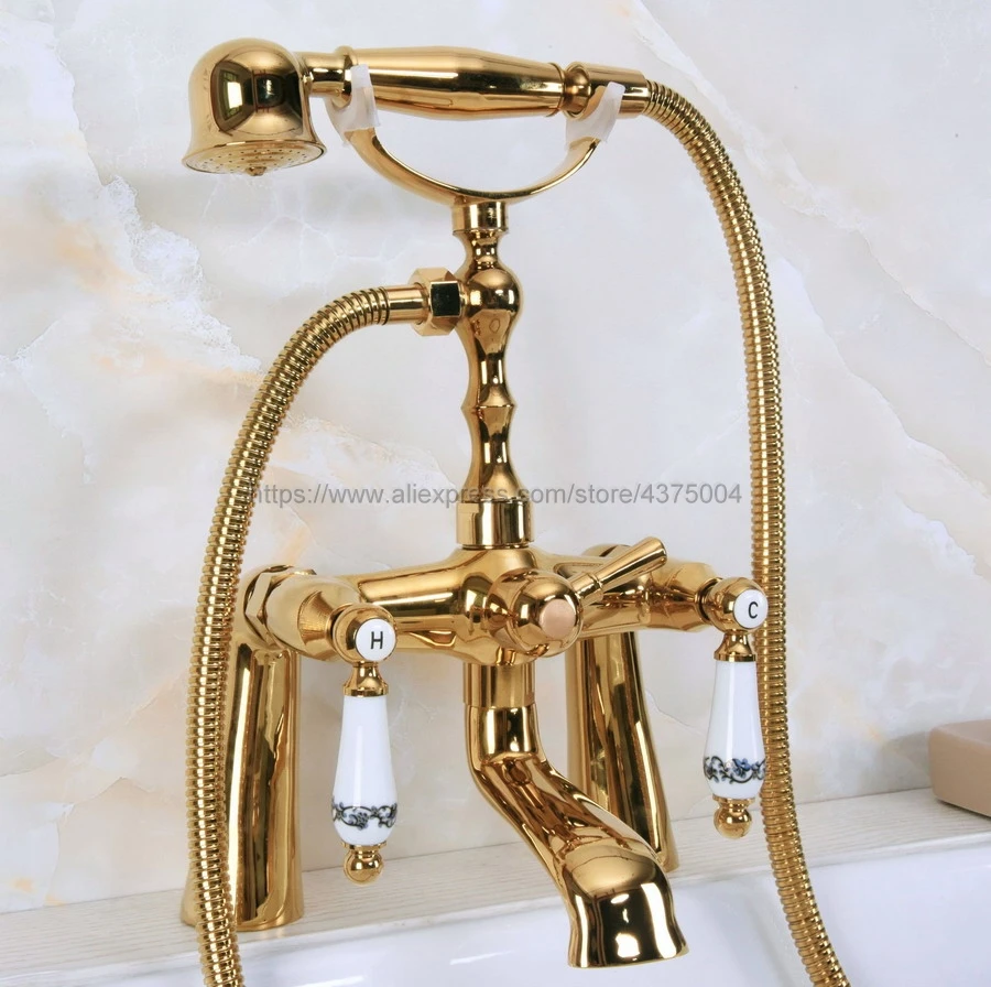 

Luxury Gold Color Brass Dual Handle Bathroom Tub Faucet Deck Mounted Bathtub Mixer Taps with Handshower Nna142