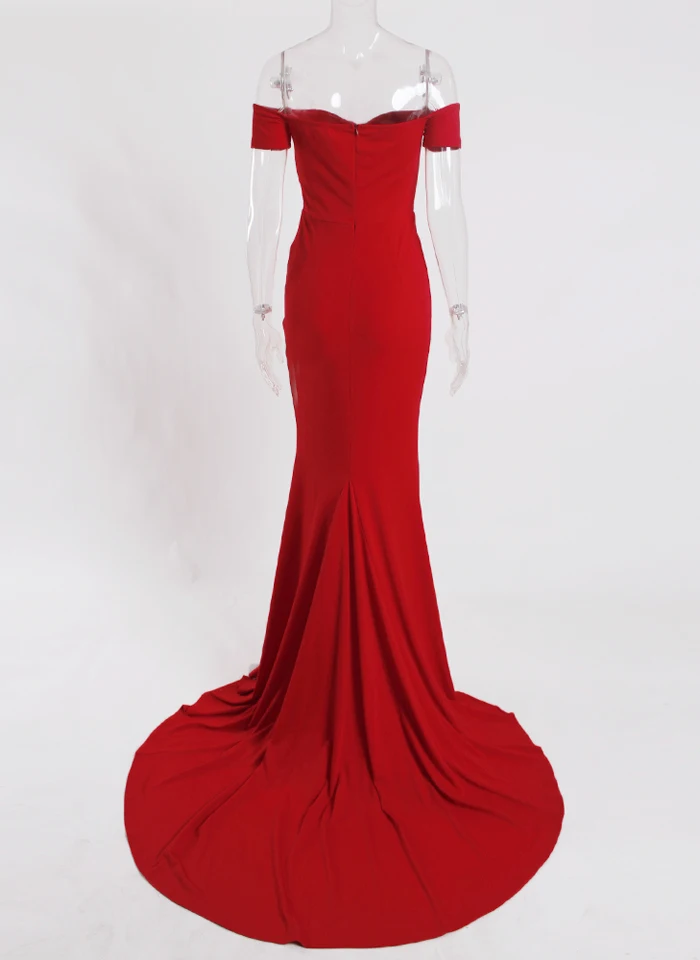 Красное длинное платье подружки невесты с открытыми плечами, вырезом, разрезом, длиной до пола, туго обернутое бедро, v-образным вырезом, открытой спиной
