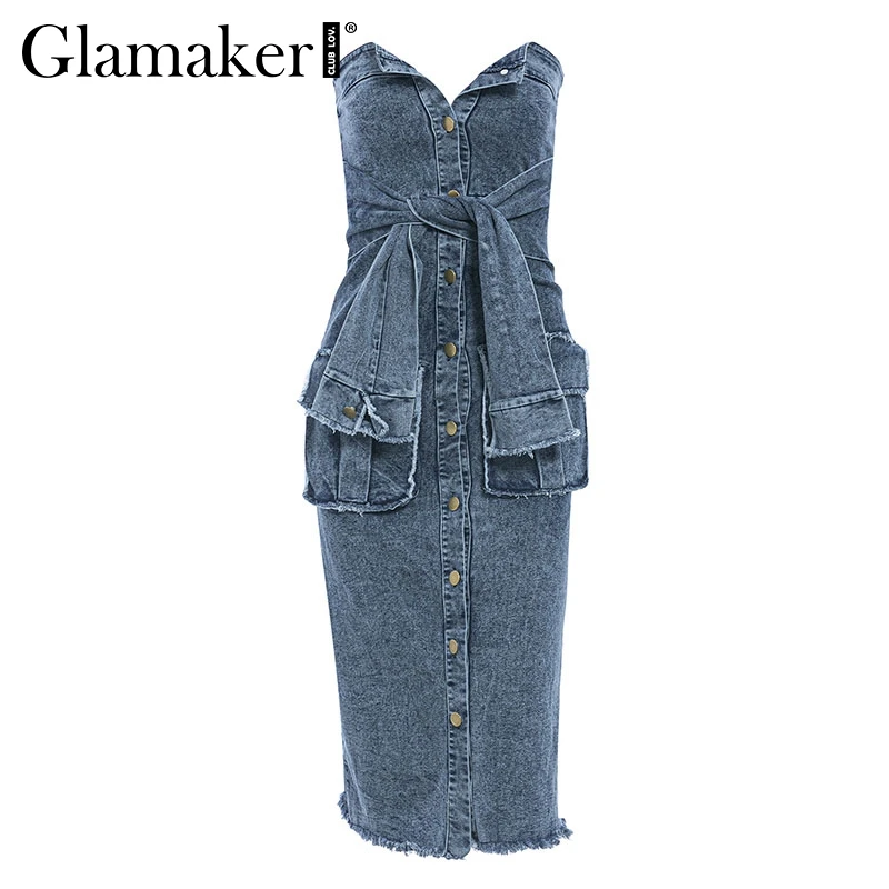 Glamaker, сексуальное платье без бретелек, бодикон, Синее джинсовое платье, летнее, женское, на пуговицах, на шнуровке, с поясом, длинное платье, элегантное, размера плюс, шикарное джинсовое платье
