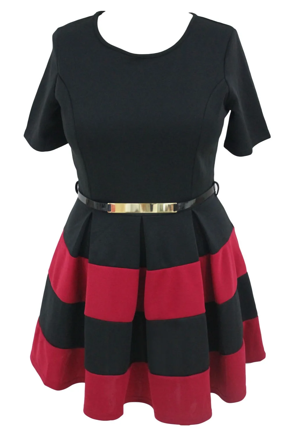 Burgundy-Stripes-Detail-Belted-Plus-Size-Skater-Dress-LC22806-3-2