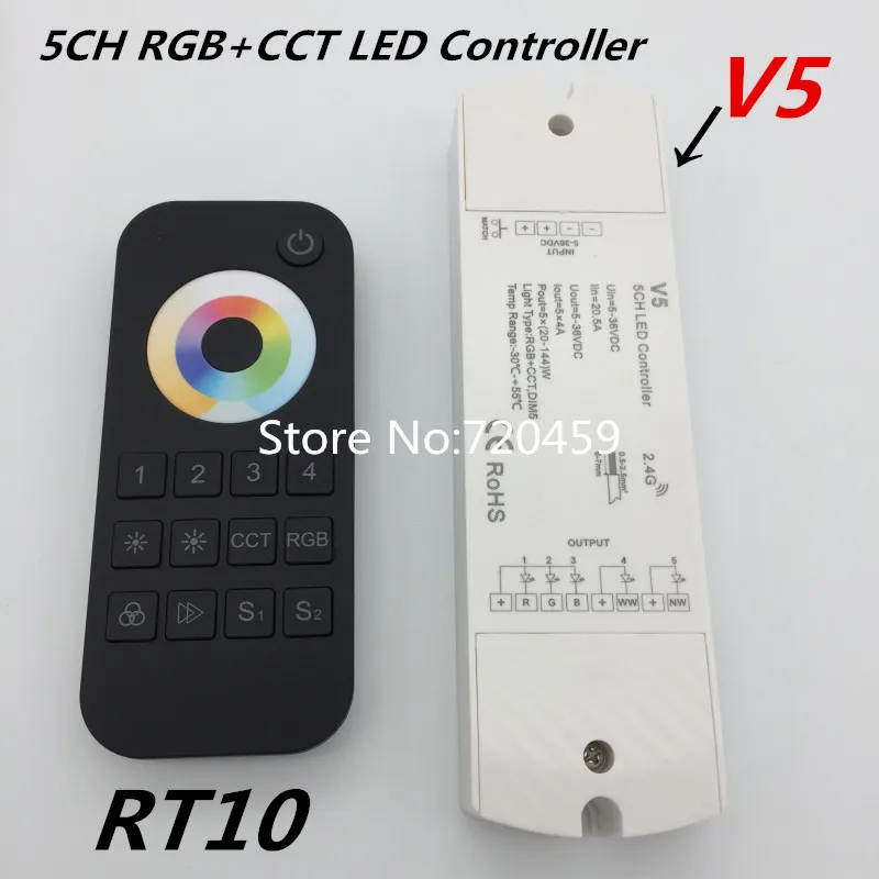 DC5-24V 5ch 2.4 г RF RGB + CCT светодиодный контроллер V5 с RT10 4 зоны РФ Пульт дистанционного управления для RGB + CCT Светодиодные ленты свет