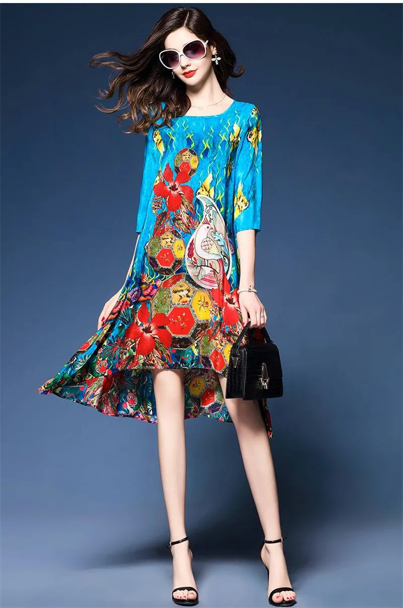 AYUNSUE, модное богемное женское платье, летнее, с круглым вырезом, синее, элегантное, с принтом, шелковое платье, Vestido, повседневное, свободное, женская одежда, WXF657