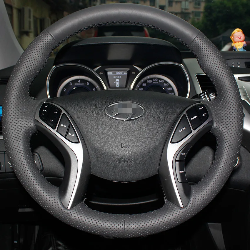 Hand Sewing Black Genuine Leather Car Steering Wheel Cover for Hyundai