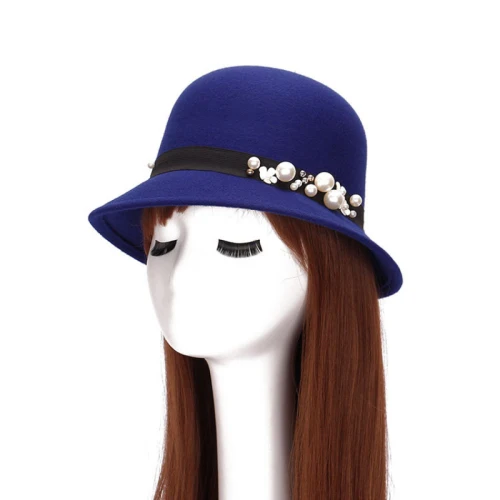 HT1222 элегантная женская шляпа Женская Ретро перламутровая Зимняя шляпа с широкими полями твердая шляпа-котелок из шерстяного войлока шляпа для женщин гибкий колпак шапки женские - Цвет: Royal Blue