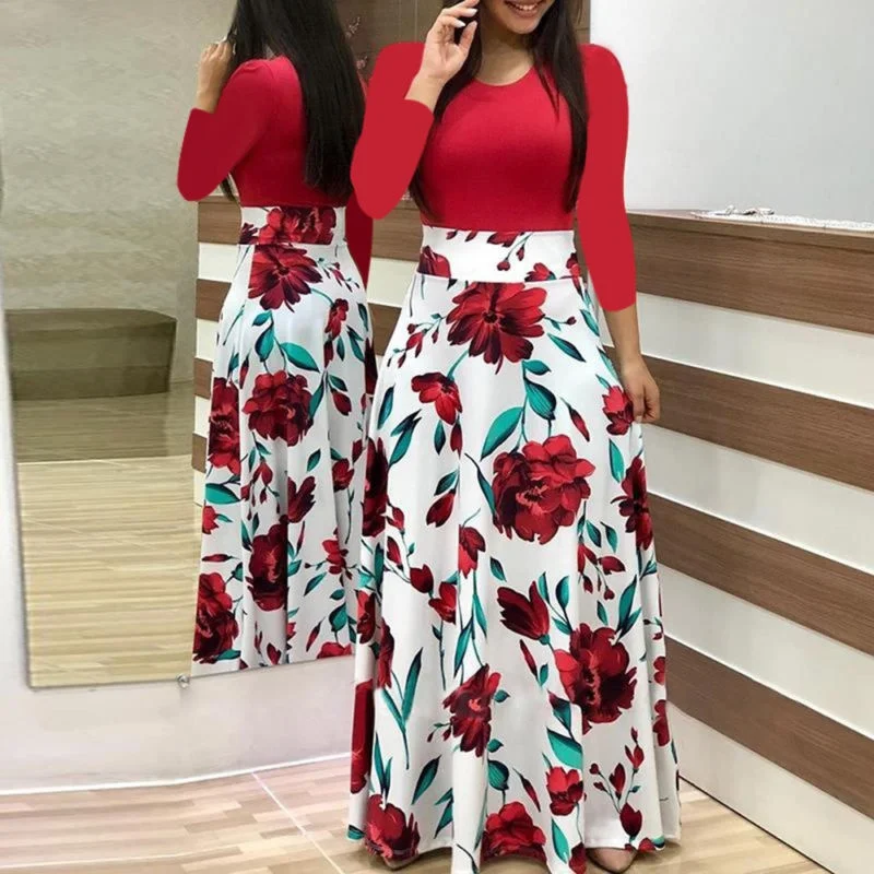 

2019 Ladies Short Sleeve Round Neck Color Matching Print Floral Boho Women Maxi Dress Clothing Plus Size