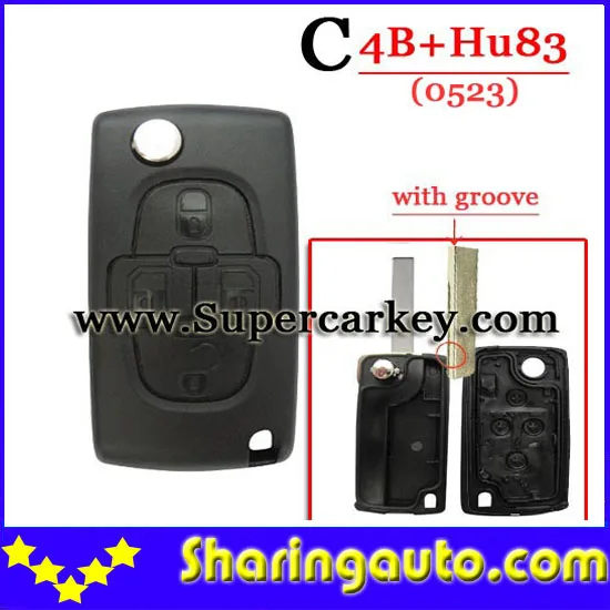 

Free shipping 4 Button flip key shell without battery HU83 blade for Citroen 0523 10 piece/lot