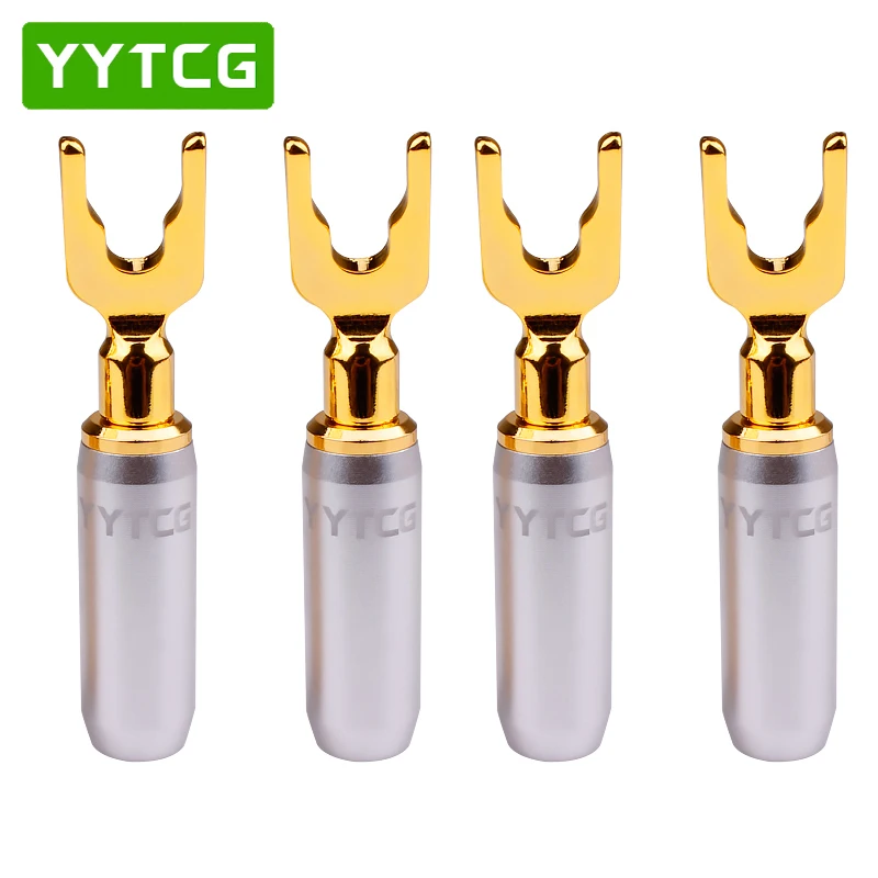 YYTCG 4Pcs/lot Y/U Type Pure Copper Speaker Plugs 24k Gold-plated Speaker Cable Plug Banana Connector