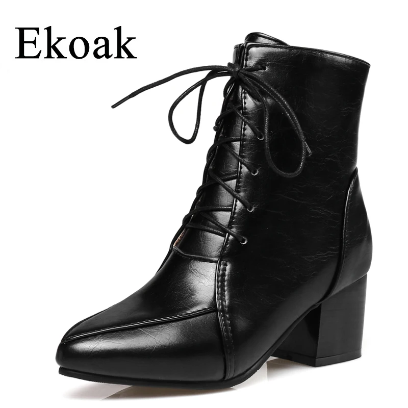 

Ekoak New 2018 Spring Women Shoes Fashion Lace-Up Women Boots High Heels Ankle Boots Shoes Woman Leather Motorcycle Boots
