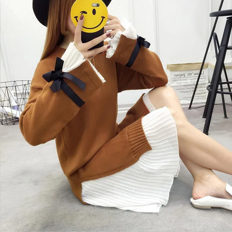

Autumn Women 2019 New Fashion Wool Knitting Sweater Chiffon Stitching Dress Knee-Length Korean Loose Winter Thick Dresses