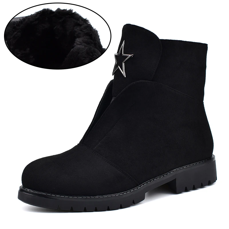 Odetina/высококачественные женские ботинки из флока; Модные женские ботильоны на низком каблуке с боковой молнией; теплая плюшевая обувь; сезон осень-зима - Цвет: Black Plush