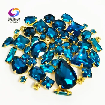 

58pcs Super flash 3D Peacock blue mix shape top crystal glass sew on stones,gold base claw rhinestone diy/Clothing accessories