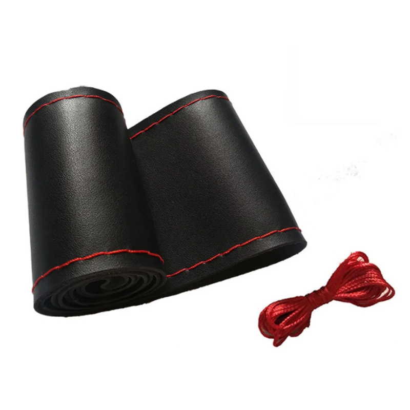 

Universal Car DIY Steering Wheel Cover Genuine Leather With Soft Anti-Slip Black Braid & Needles Thread Fit For 38cm Diameter