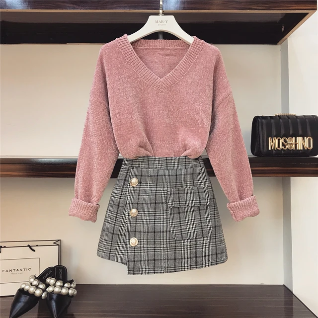 Cheap Two-piece Suit Women Autumn Chic Loose Sweater + Shorts Ladies New Fashion Plaid Skirts Set Students Outfit Cheap Two-piece Suit Women Autumn Chic Loose Sweater + Shorts Ladies New Fashion Plaid Skirts Set Students Outfit