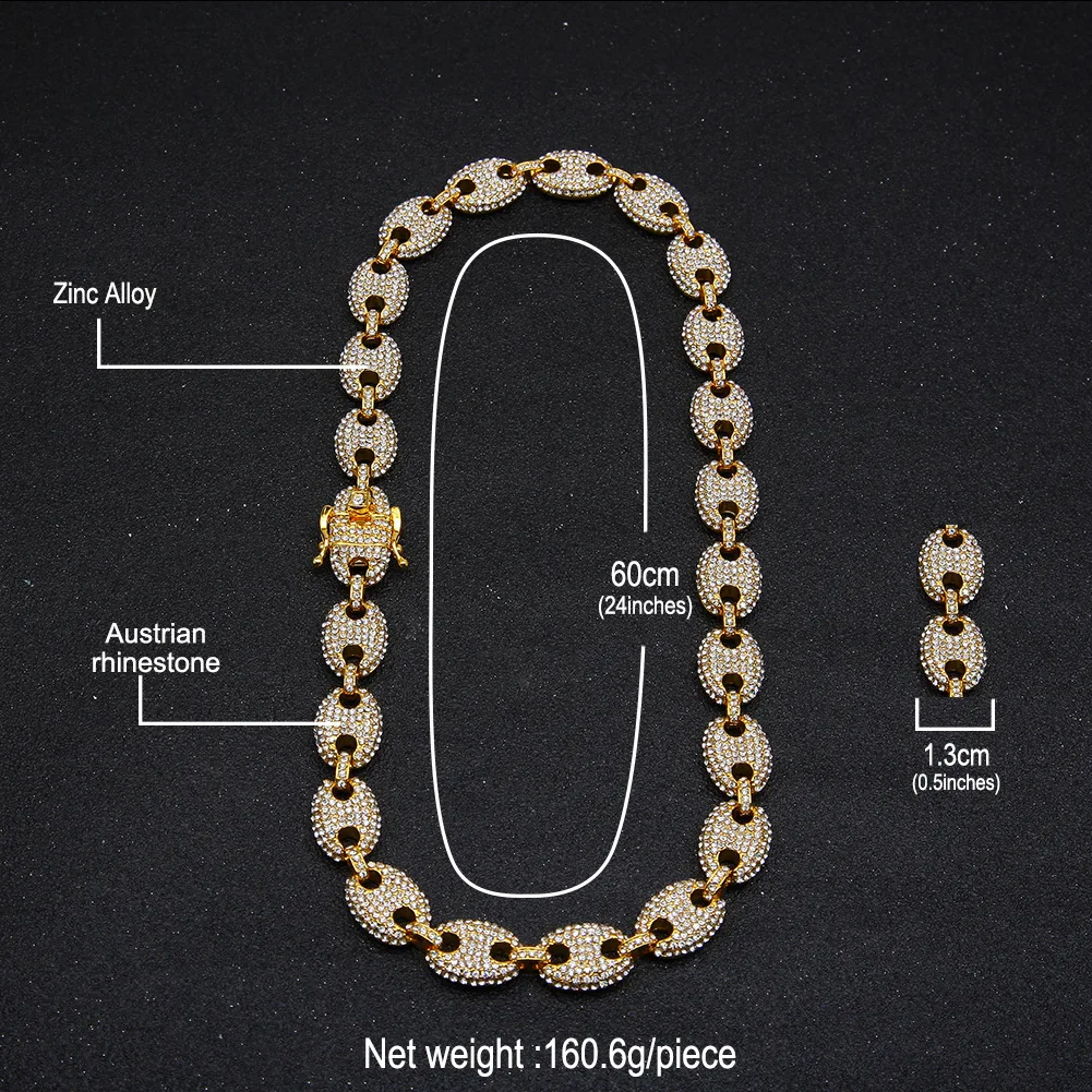 Мужское Золотое серебряное ожерелье, браслет, 13 мм, хип-хоп золото, из цветного циркона, хрусталя, кубинское ожерелье,, хип-хоп король