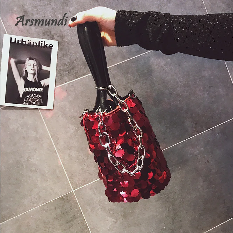 

2019 New Women Handbag Personality Designer Fashion Cross Body Bucket Bag Sequins Novelty Chain Messenger Shoulder Bags Clutch