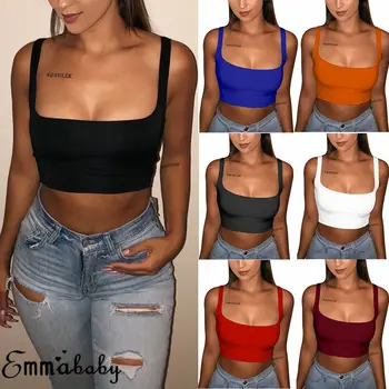 

2019 Summer Sexy Women Solid Strappy Tanks Vest Crop Top Sleeveless Slash Neck Tanks Beach Tank Tops