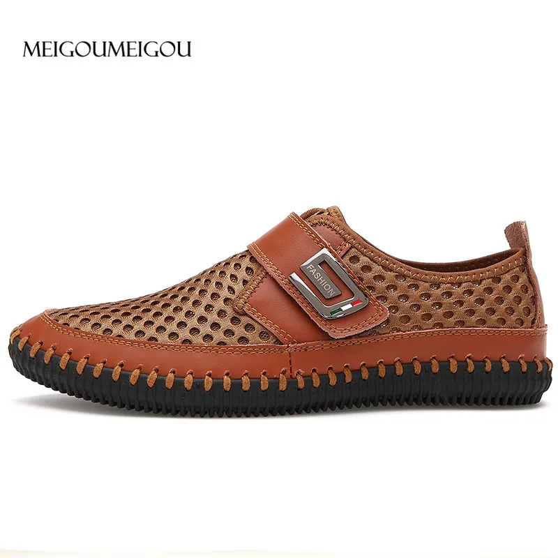MEIGOUMEIGOU/мужская повседневная обувь; кожаная дышащая удобная спортивная летняя брендовая мужская обувь на плоской подошве; Sapato Masculino; Лидер продаж года - Цвет: Коричневый