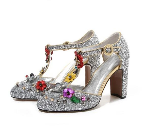 Bing bling glitter embellished high heel shoes flower decorations thick heels woman pumps 2017 round toe t-strap dress heels