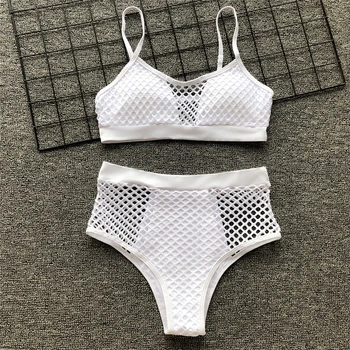 

Sexy Swimming Suit For Women Fishnet Swimwear High Waist Bathing Suit Solid Two Piece Swimming Costume Costume Da Bagno Donna