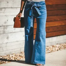 Осень зима женские джинсы с высокой талией эластичные длинные расклешённые брюки с поясом синие повседневные Большие размеры женские узкие джинсы