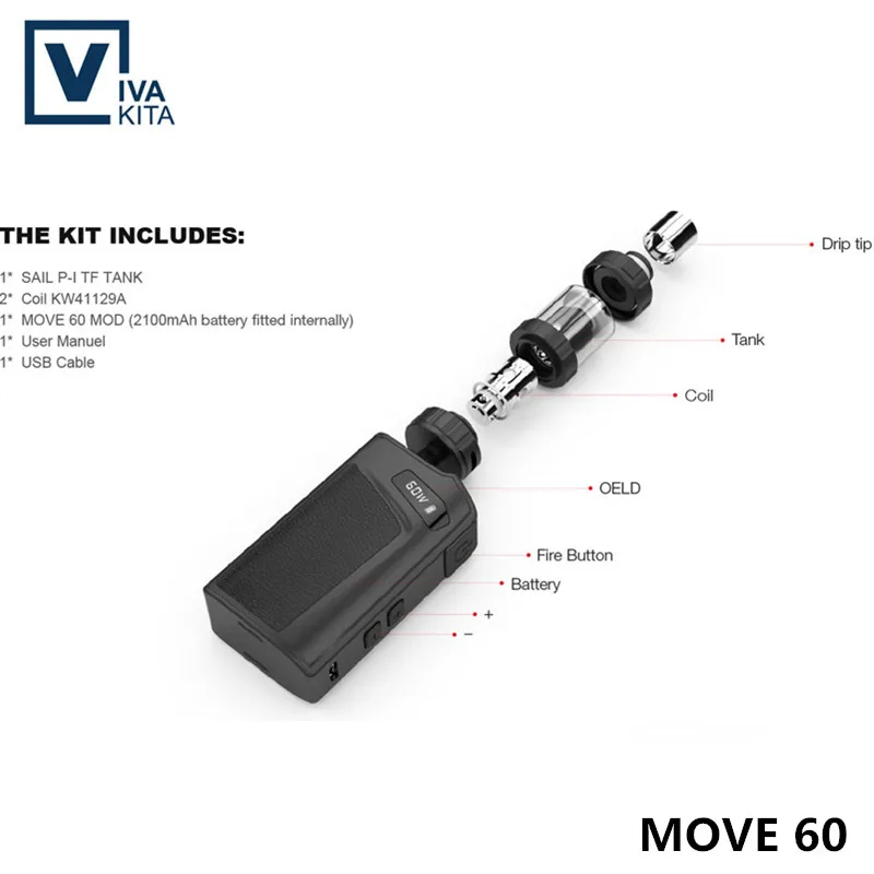 

electronic cigarette 2100mAh Vivakita vape Move 60 KIT built in battery 60W vaporizer kit 2.0ml atomizer fit 510 thread box mod