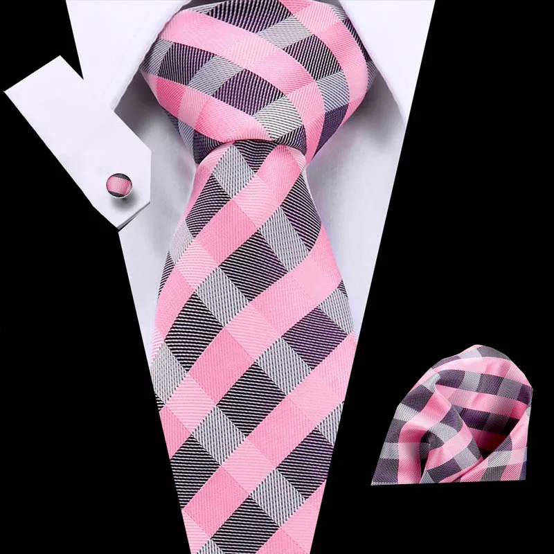 

New Quality Pink Wedding Tie Fashion Plaid Striped Paisley Silk Necktie and Pocket Square Set for Party Business