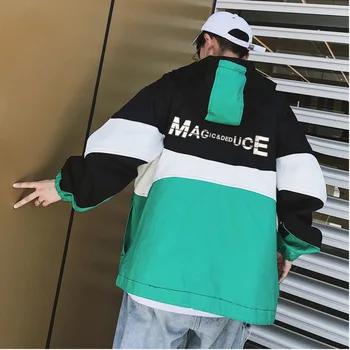 

2019 Spring New Men's Japanese Embroidery Hooded Stitching Loose Version Student Pocket Casual Jacket