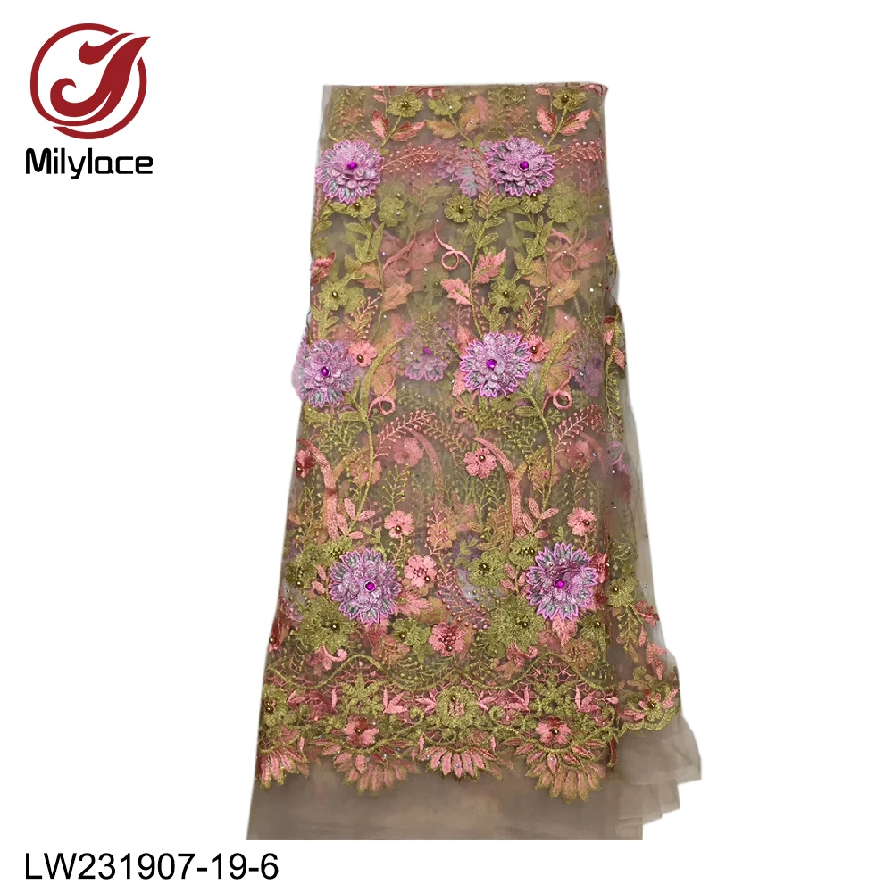 Красивая 3D Цветочная вышивка кружевная ткань с бисером и камнями Свадебная кружевная ткань французская сетка тюль кружевная LW231907-19