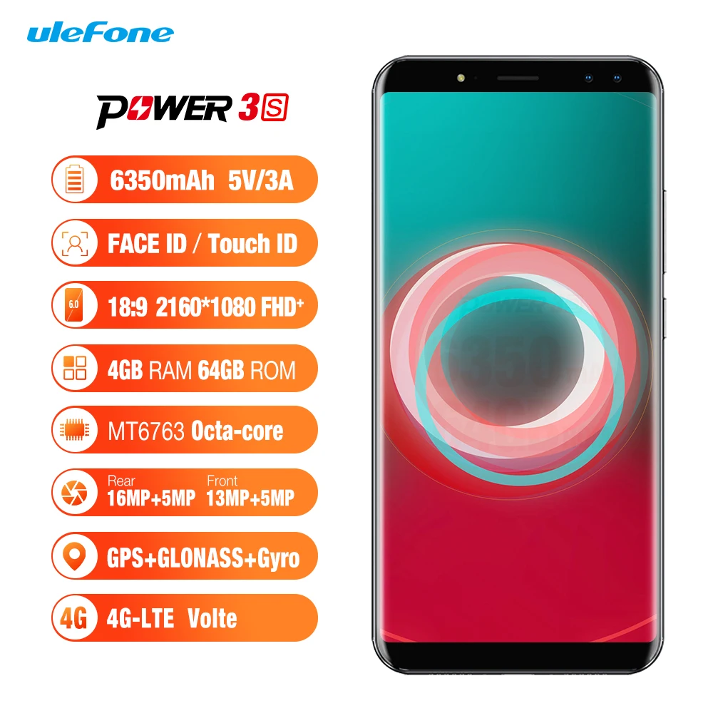 

Ulefone Power 3S 6.0" 18:9 FHD+ Android 8.1 Mobile Phone MTK6763 Octa Core 4GB+64GB 16MP 4 Camera 6350mAh Face ID 4G Smar