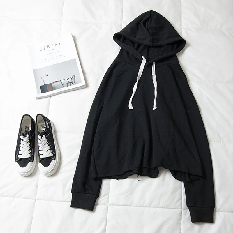 

Spring women's sweatshirt casual solid color hooded short sweatshirt