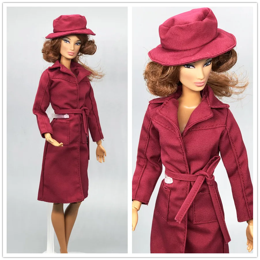 New Red Long trench Coat Hat Belt set Winter Wear Christmas Suit Outfit Clothes For 1/6 BJD Xinyi Barbie FR ST Doll Gift