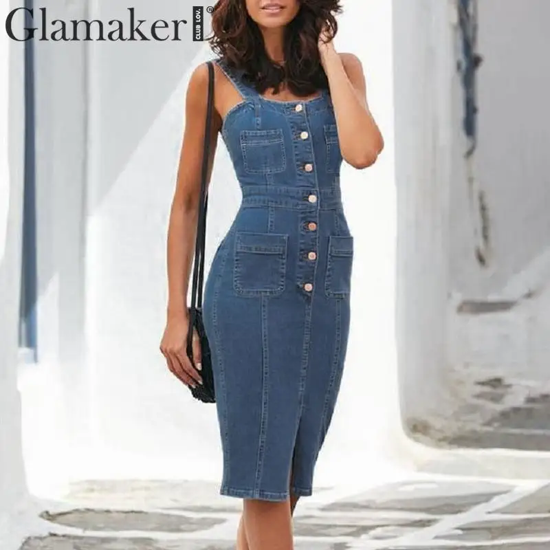 

Glamaker denim buttons bodycon jeans dress Women pockets sleeveless backless split sundress Summer casual holiday beach dress