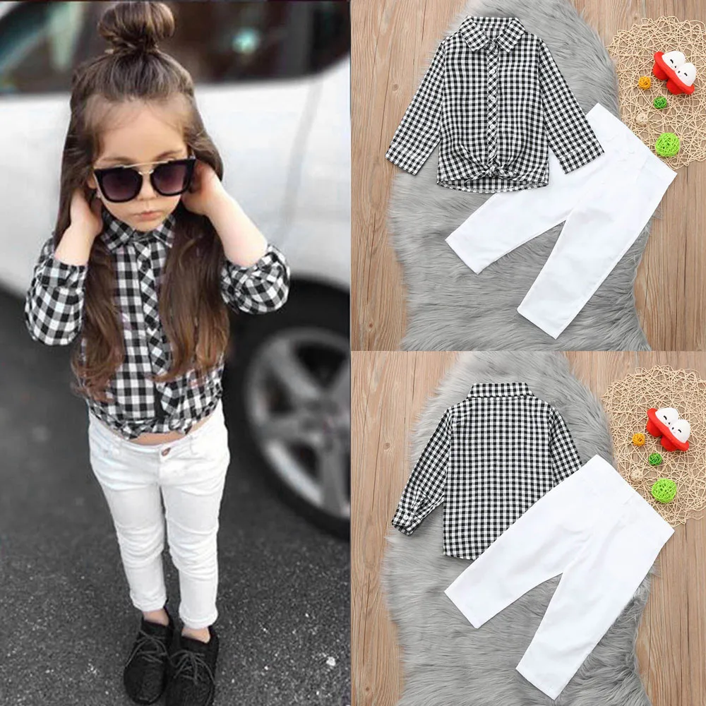 

MUQGEW Kids clothes girls Clothing Set 2PCs Baby Outfits Clothes Plaid T-shirt Blouse Tops Long Pants Set roupas menina