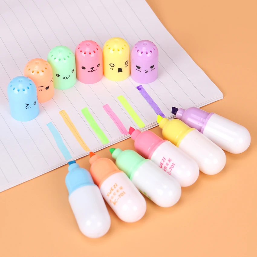 

6 PCS Korean Creative Kawaii Mini Smiling Face Pill Highlighter Lovely Cartoon Highlighter Pen for Students Supplies