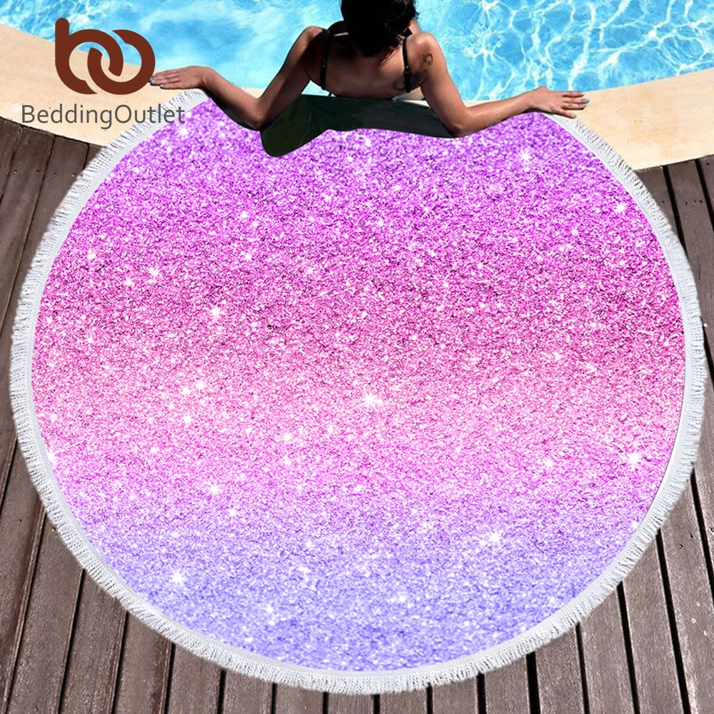 

BeddingOutlet Shining Stars Large Round Beach Towel for Adults Woman Microfiber Pink and Violet Sunblock Blanket Yoga Mat 150cm