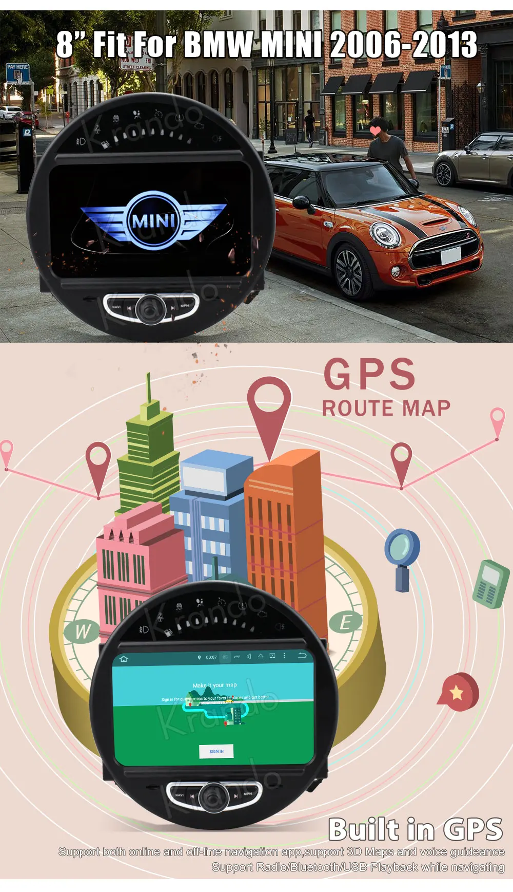 Krando " Android 9,0 автомобильный Радио Аудио плеер мультимедийная система gps для BMW Mini Cooper 2006-2013 Черный навигационный плеер BT