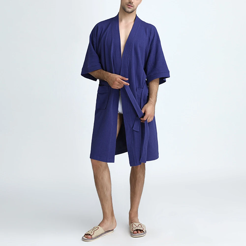 Towel Bath Robe Dressing Gown Men Solid Cotton Waffle Sleep Lounge