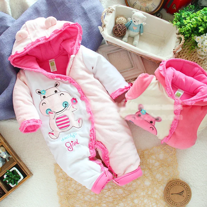 2014 baby girl romper for autumn winter , infant baby pink cow cartoon jumpsuit fleece cotton