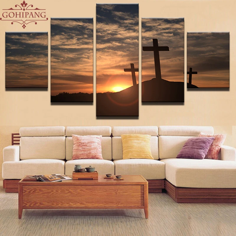 PENGDA-Modern-Painting-Picture-Home-Decoration-Canvas-Wall-Art-Decor-5-Panel-Mountain-Cross-Sunset-Landscape