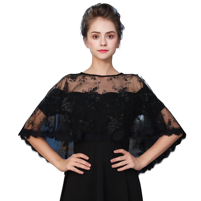 Fashion Black Sheer Summer Bolero Eyelash Lace Hi Lo Capes Jacket for
