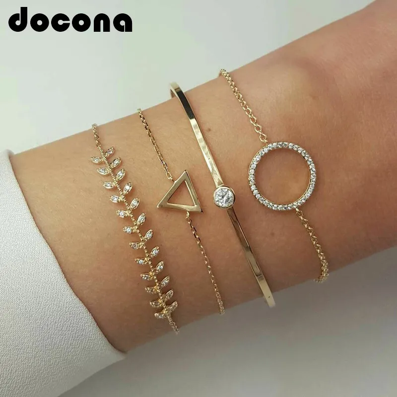 

docona Gold Color Crystal Triangle Round Bracelet Bangle Set for Women Leaf Chains Charms Bracelet Anklet 4pcs/1set 6891
