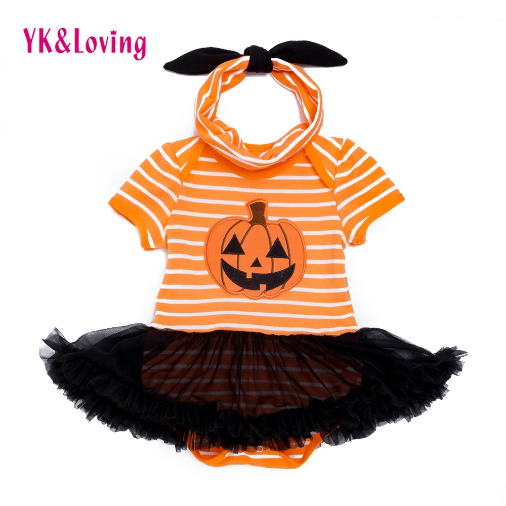 

Halloween Baby Girls Rompers Dresses Newborn Yellow Pumpkin Stripe Jumpsuits Black Ruffle Tutu Dress Infant Party Clothes